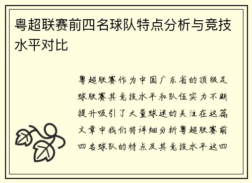 粤超联赛前四名球队特点分析与竞技水平对比