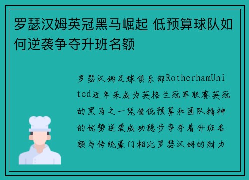 罗瑟汉姆英冠黑马崛起 低预算球队如何逆袭争夺升班名额