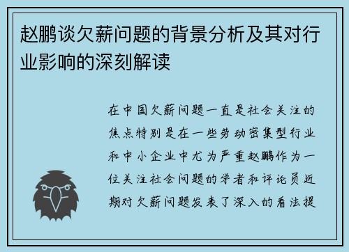 赵鹏谈欠薪问题的背景分析及其对行业影响的深刻解读