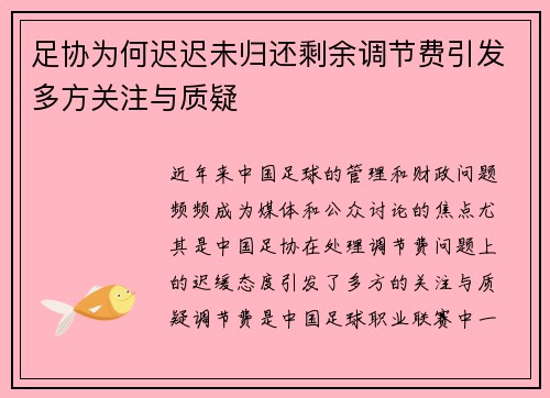 足协为何迟迟未归还剩余调节费引发多方关注与质疑 足协为何迟迟未归还剩余调节费引发多方关注与质疑